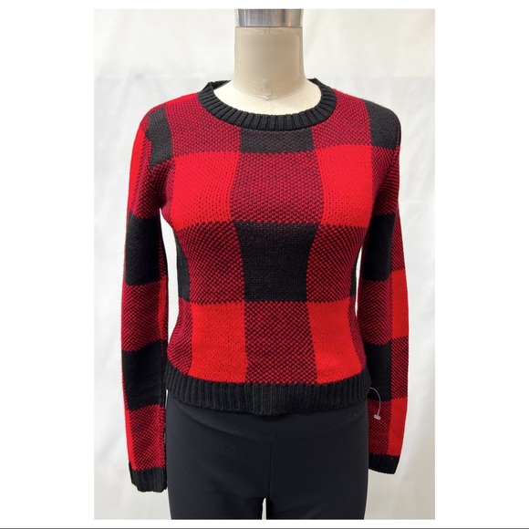 OhMG! Red Black Buffalo Check Plaid Knit Pullover Long Sleeve Sweater - Picture 2 of 15